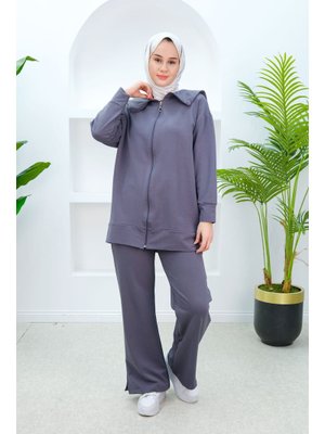 Füme Gemici Yaka Önden Fermuarlı İkili Takım