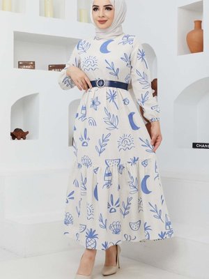 Mavi Masal Keten Elbise