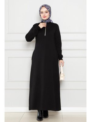 Siyah Önü Fermuar Detaylı İki İplik Elbise Siyah Önü Fermuar Detaylı İki İplik Elbise