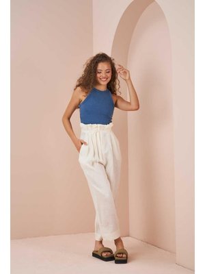 Ekru Paperbag Keten Pantolon