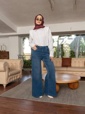 Denim Bol Paça Pantolon Koyu Mavi