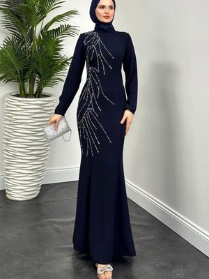 Frezya Yanı Taşlı Balık Abiye Elbise Lacivert