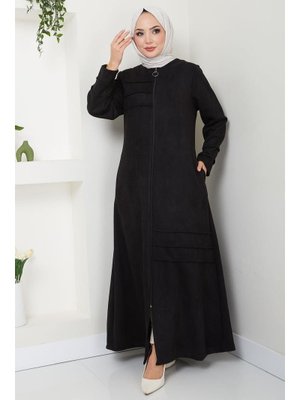 Siyah Asimetrik Nervür Detaylı Süet Ferace Siyah Asimetrik Nervür Detaylı Süet Ferace