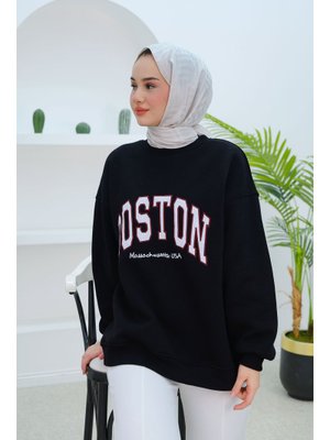 Siyah Boston Baskılı Sweat Siyah Boston Baskılı Sweat