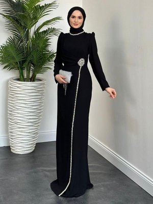 Martha Kar Taneli Taşlı Abiye Elbise Siyah