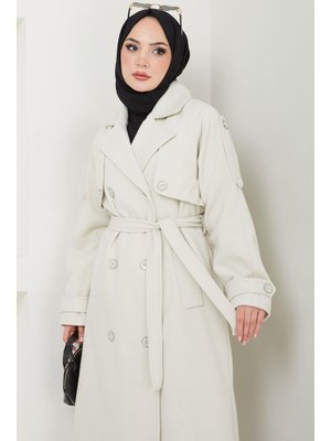 Ekru Kruvaze Yaka Düğmeli Kuşaklı Kaşe Kaban Ekru Kruvaze Yaka Düğmeli Kuşaklı Kaşe Kaban