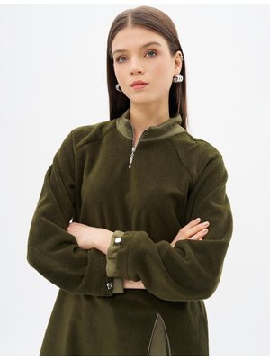 Fermuar Detaylı Peluş Sweatshirt Haki