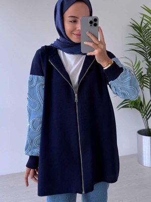 Kolları Kot Detaylı Triko Hırka Lacivert