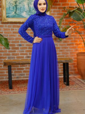 Pul Payetli Kemerli Abiye Elbise