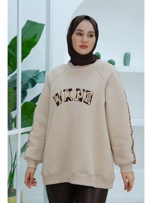 Krem Leopar Şerit Detaylı Sweat Krem Leopar Şerit Detaylı Sweat