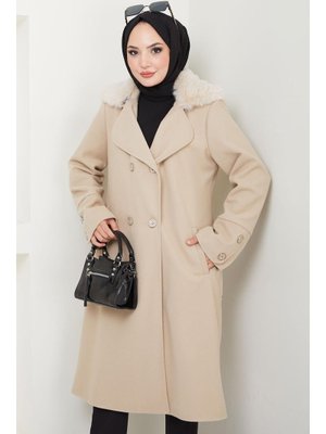 Bej Yakası Kürk Detaylı Kaşe Kaban Bej Yakası Kürk Detaylı Kaşe Kaban