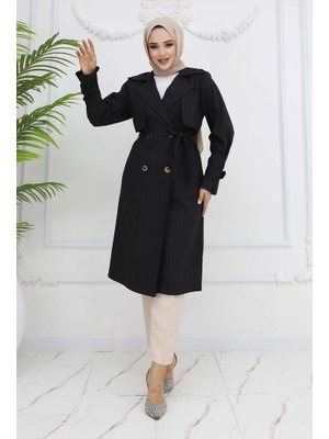 Siyah Bel Ve Kol Kemerli Çizgili Trençkot