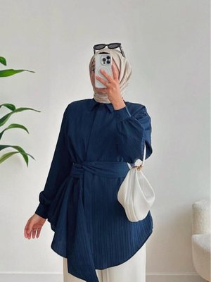 Kuşak Detay Uzun Kollu Gömlek