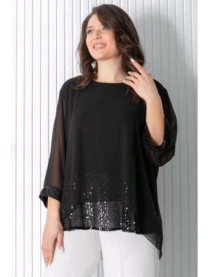 Siyah Pul Payet Detaylı Şifon Tunik