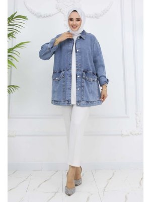 Mavi Taş İşlemeli Cepli Kot Ceket