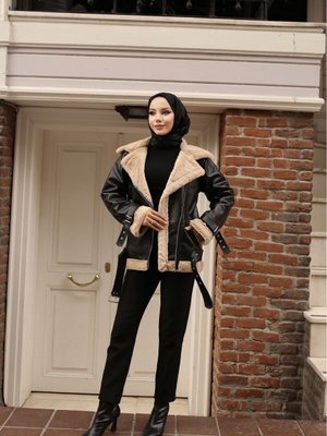 Suni Deri Kumaş İçi Peluş Kemer Detaylı Cepli Ceket Kaban Siyah