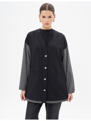 Çizgi Desen Garnili Ceket Siyah
