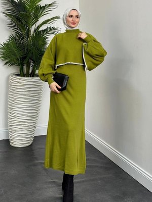 Ansley Crop Görünümlü Triko Elbise Yağ Yeşili