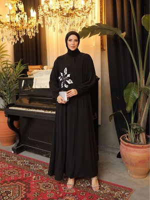 İthal Medine İpeği Kristal Dikme Boncuklu Ferace