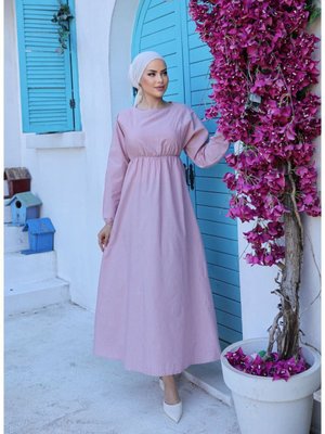 Bisiklet Yaka Elbise Pudra