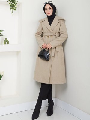 Bej Şal Yaka Düğmeli Kuşaklı Kaşe Kaban