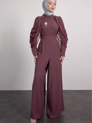 Omzu Tül Detaylı Tulum Patlıcan Moru Omzu Tül Detaylı Tulum Patlıcan Moru