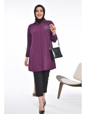 Mürdüm Büyük Beden Yaprak Baskılı Gömlek Tunik