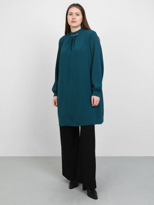 Zümrüt Yeşili Büyük Beden Taş Detaylı Aerobin Tunik