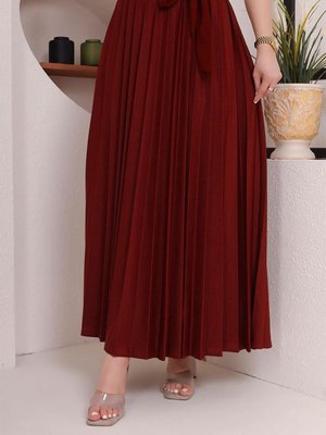 Kuşak Detaylı Piliseli Etek Bordo