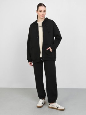 Siyah Şardonlu Kapüşonlu Fermuarlı Oversize Ceket