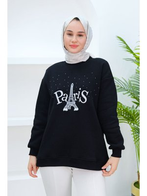 Siyah Taş Ve Nakış Detaylı Oversize Sweat Siyah Taş Ve Nakış Detaylı Oversize Sweat