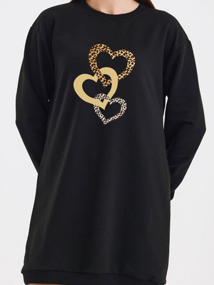 Leopar Desenli Kalp Tasarımlı Siyah Tunik Elbise