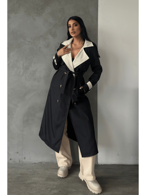 Siyah Bondit Kumaş Maxi Boy Trençkot