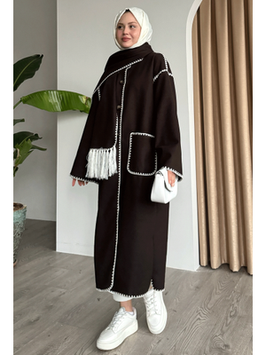 Atkılı Cepli Kaşe Uzun Koyu Acı Kahve Ceket