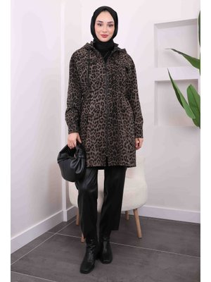 Haki Bel Büzgülü Kapüşonlu Leopar Trenç