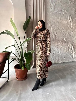 Leoparlı Uzun Elbise