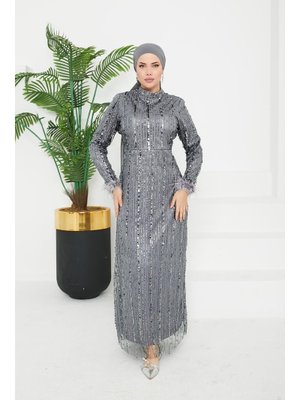 Luana Boncuklu Abiye Elbise Gümüş