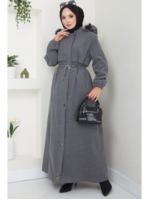 Füme Kapüşonu Kürklü Bağcıklı Büyük Beden Kaşe Kaban Füme Kapüşonu Kürklü Bağcıklı Büyük Beden Kaşe Kaban