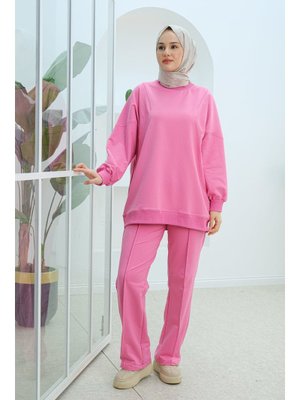 Pembe Asimetrik Dikiş Detaylı İkili Takım