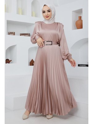 Pudra Omuz Vatka Detaylı Kemerli İkili Abiye Takım