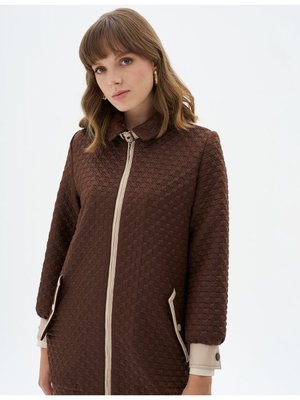 Kaz Ayağı Desenli Geniş Cepli Ceket Koyu Kahve