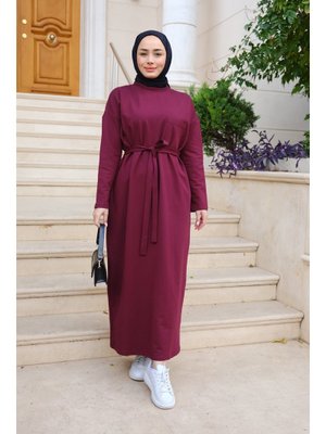 Bordo Bel Bağlamalı Cep Detaylı Elbise Bordo Bel Bağlamalı Cep Detaylı Elbise