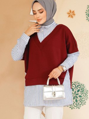 Süveter Detaylı Bordo Gömlek