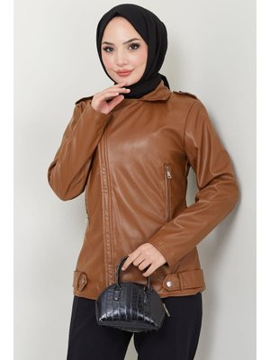 Taba Fermuarlı Kısa Suni Deri Mont Taba Fermuarlı Kısa Suni Deri Mont