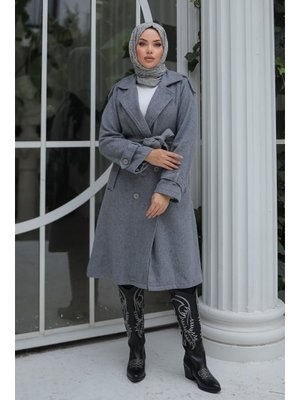 Gri Apolet Detaylı Kaşe Kaban