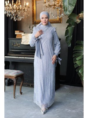 Ayla Taşlı Abiye Elbise Gümüş