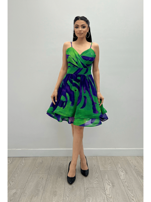 Mor Organze Sifon Kumaş Desenli Mini Elbise