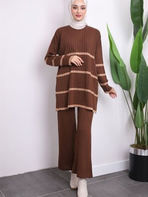 Kahverengi Çizgili Triko Tunik Pantolon İkili Takım