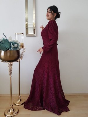 Bordo Güpürlü Abiye Elbise