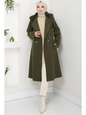 Haki Yakası Kürk Detaylı Kaşe Kaban Haki Yakası Kürk Detaylı Kaşe Kaban